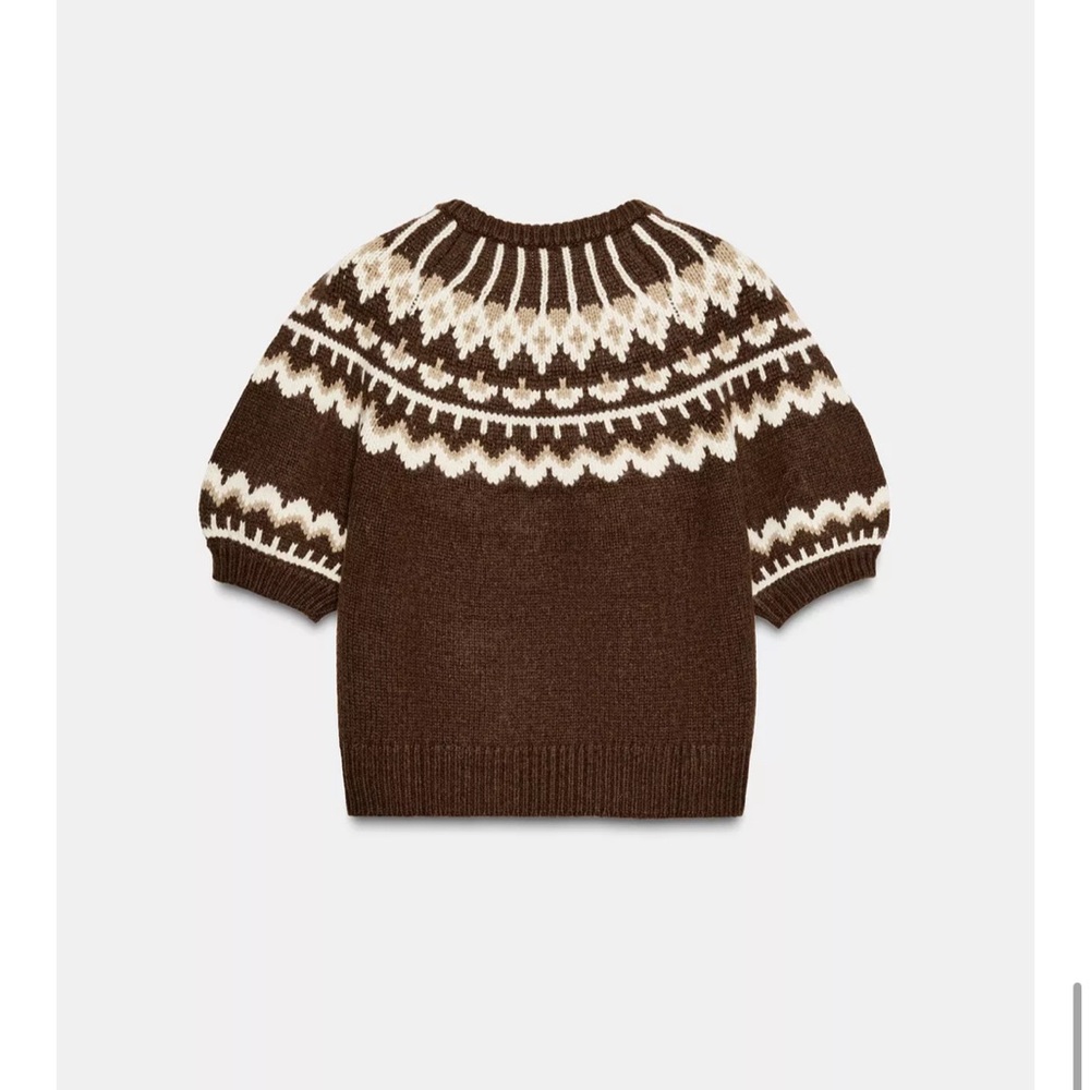 Zara Chocolate and Cream SHORT SLEEVE JACQUARD KNIT SWEATER fair isle sz small - Picture 6 of 8